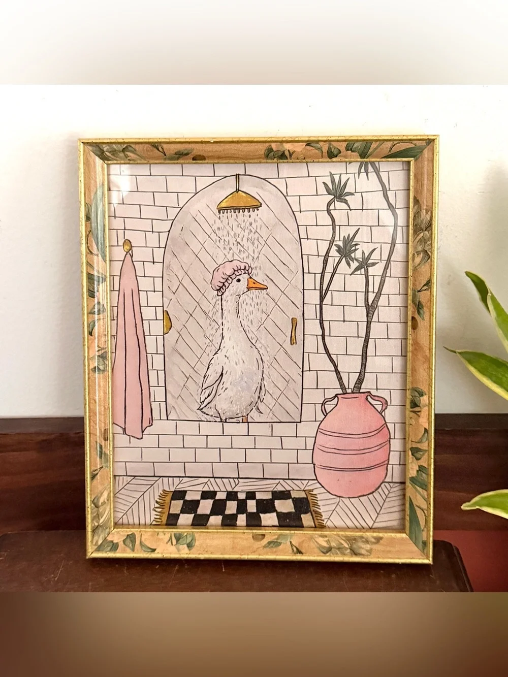 Whimsical Goose in the Shower Quirky Bathroom Canvas Art Print Floral Framed Art